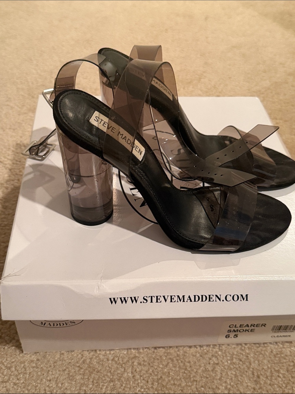 Steve Madden Clearer Smoke Lucite Strap Block Heels - Black & Smoke